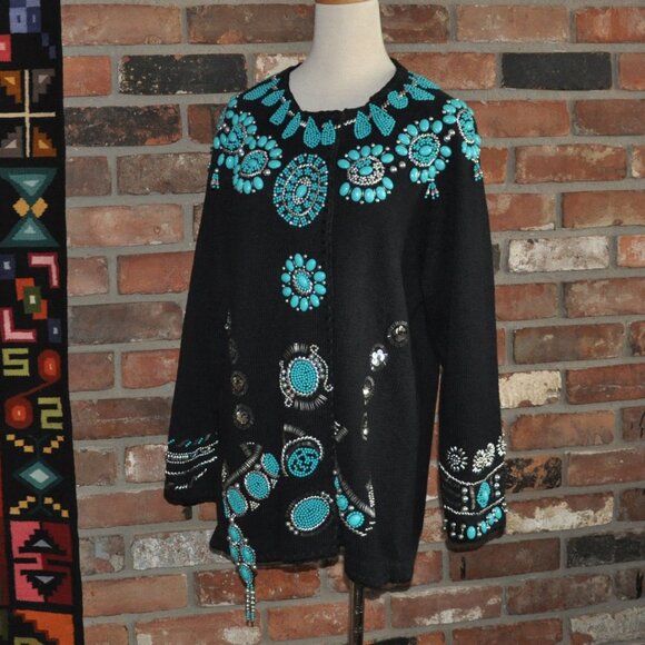 Vintage Embellished Turquoise Silver Beaded Michael Simon Sweater Cardigan KNIT - Picture 6 of 11